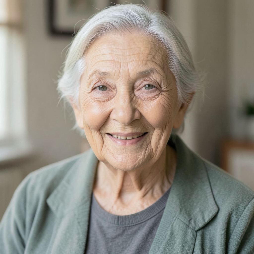 An elderly woman in her 80s with deep wrinkles and white hai
