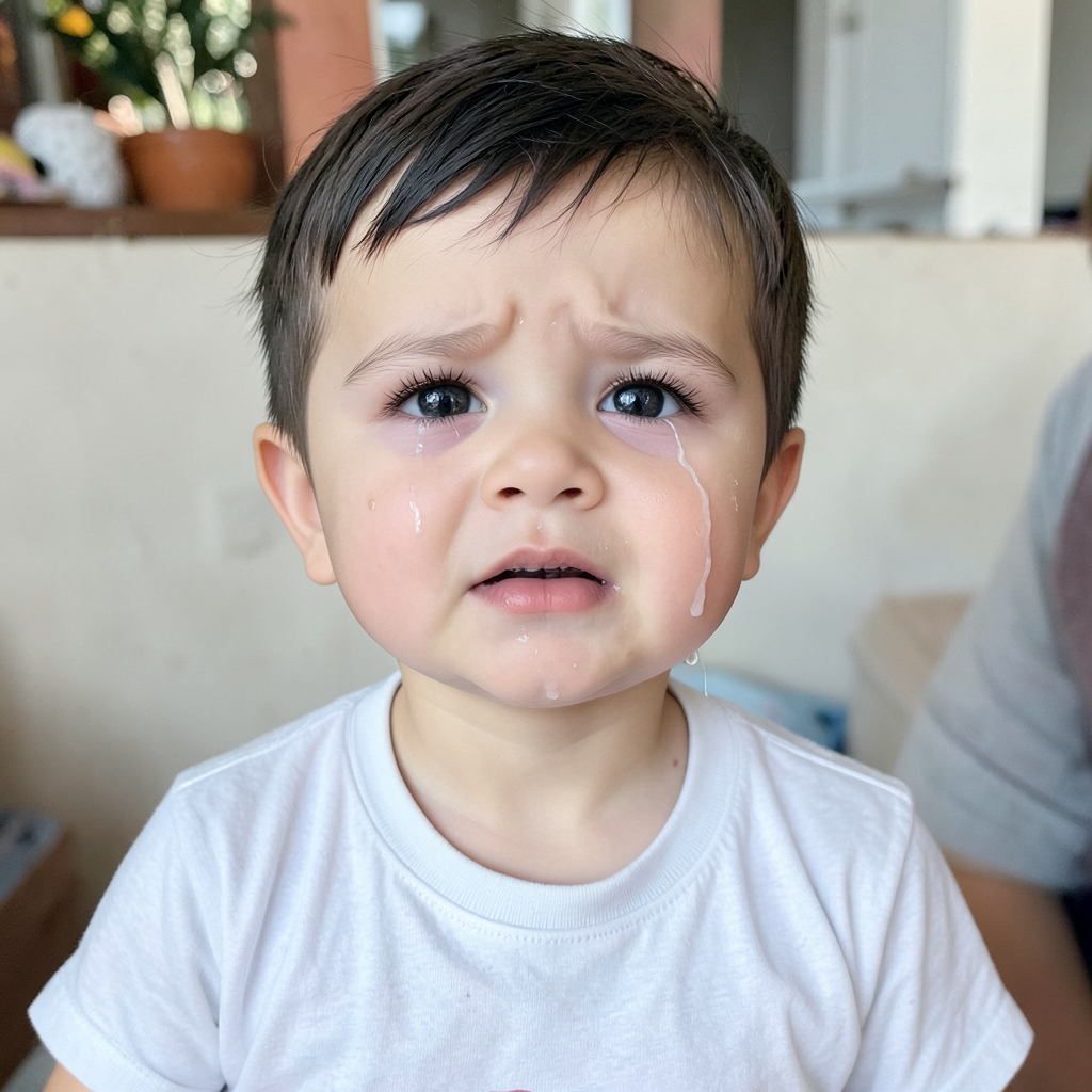 A 5-year-old child with round cheeks and large eyes, crying 