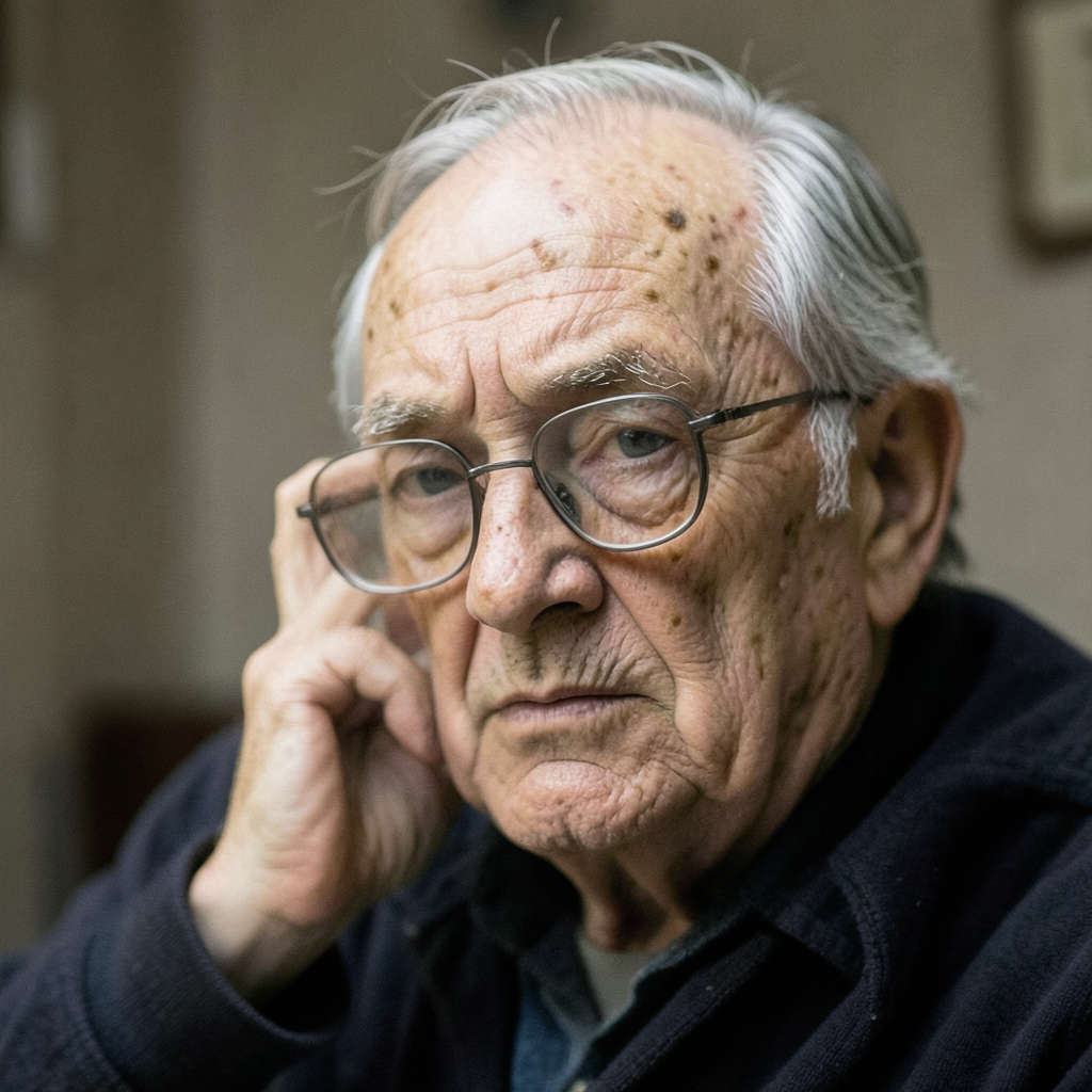 An elderly man in his 70s with age spots and thinning gray h