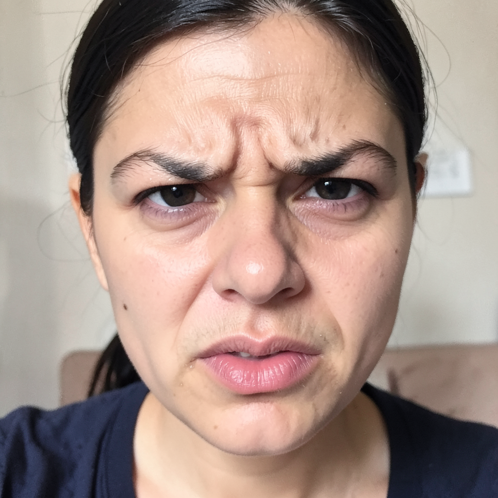 A close-up of a person's face showing clear disgust, nose wr