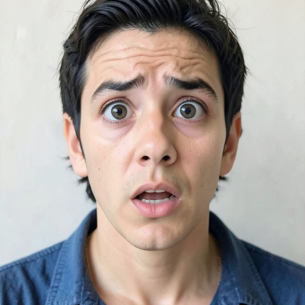 A portrait capturing genuine surprise — raised eyebrows, wid