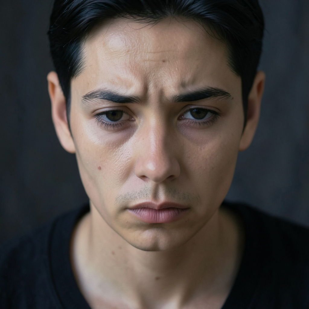 A face showing quiet melancholy — downcast eyes, slightly dr
