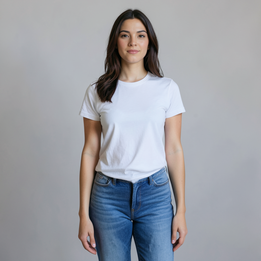 A woman standing upright in a relaxed pose, arms at her side