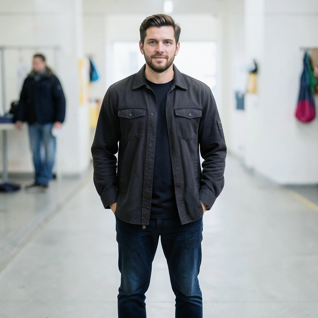 A man standing straight facing the camera, hands in pockets,