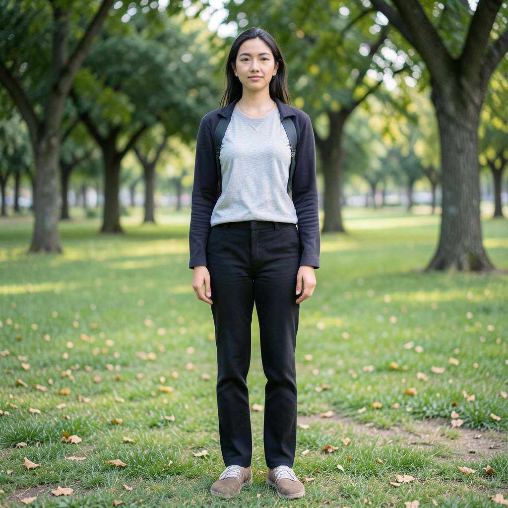 A person standing in a neutral pose in a park, full body vis
