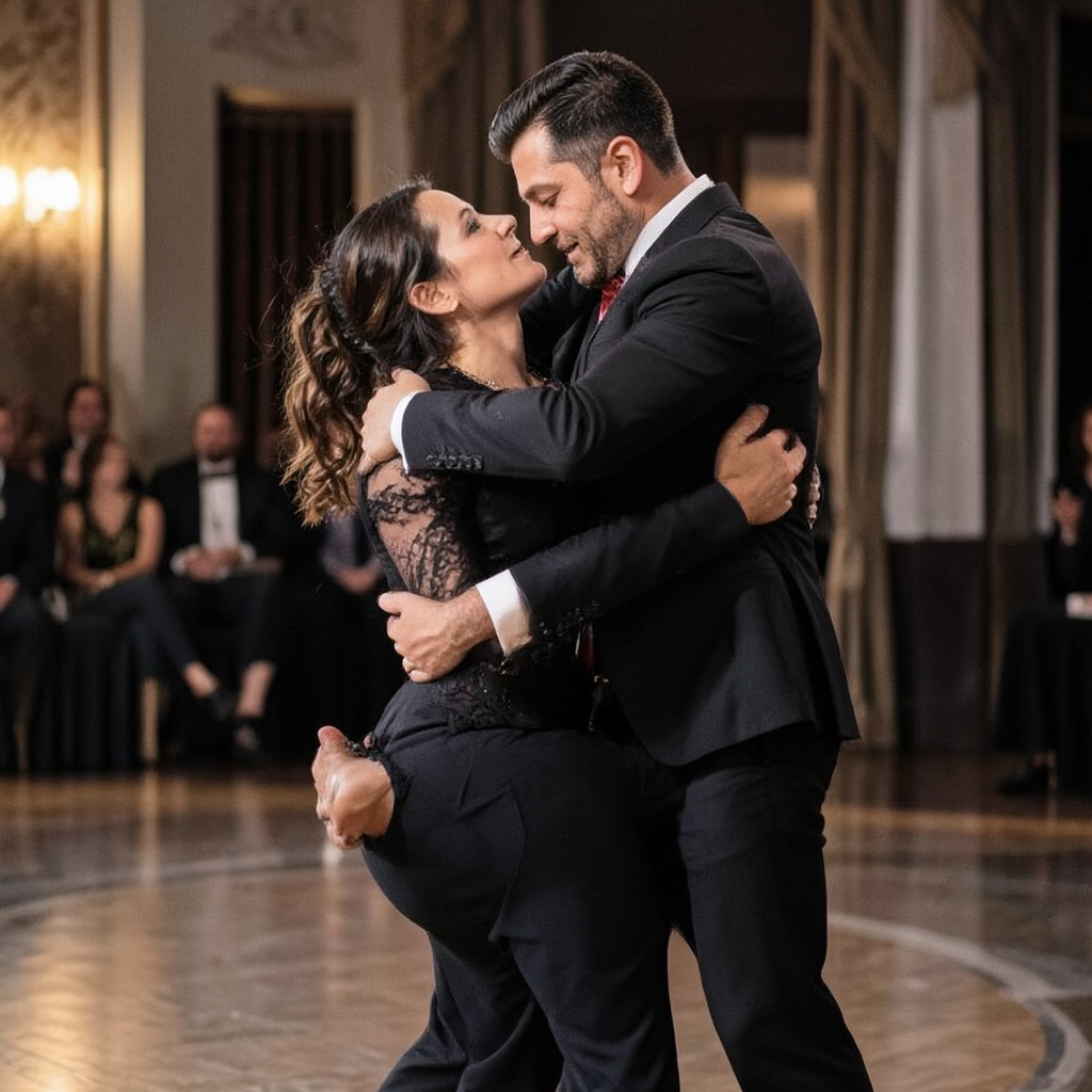 Two tango dancers in a close embrace, the man dipping the wo