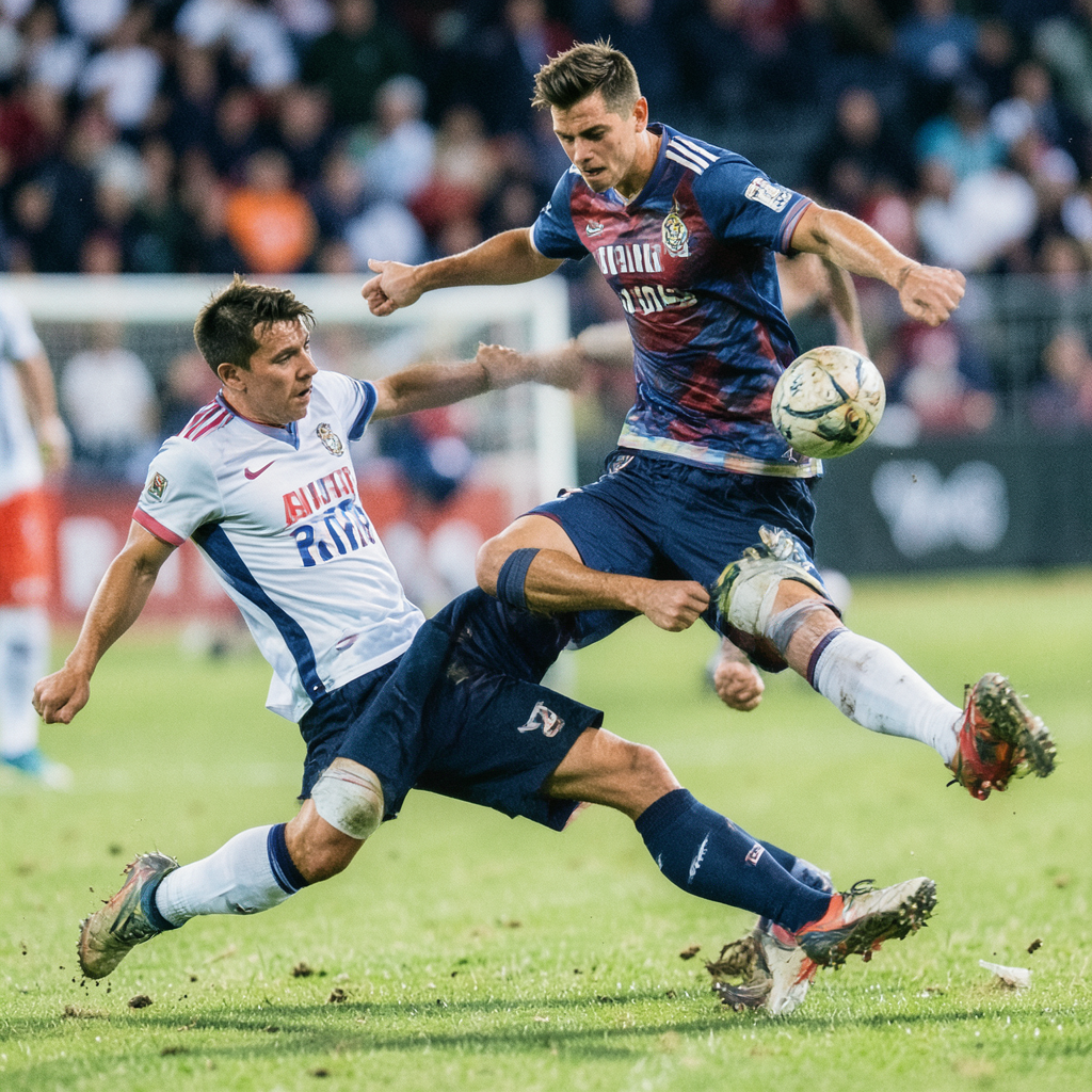 Two soccer players mid-tackle, one sliding and the other jum