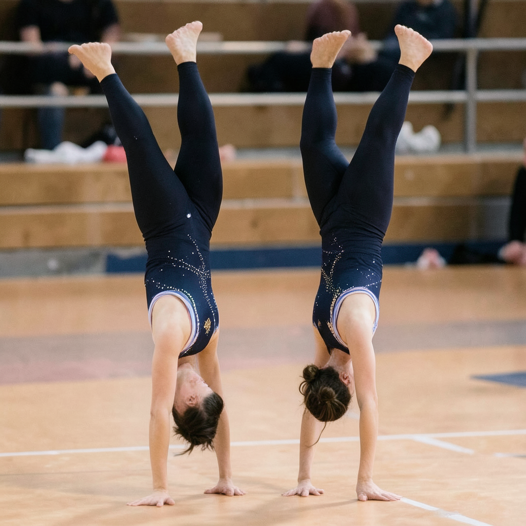 Two gymnasts performing a synchronized handstand, side by si