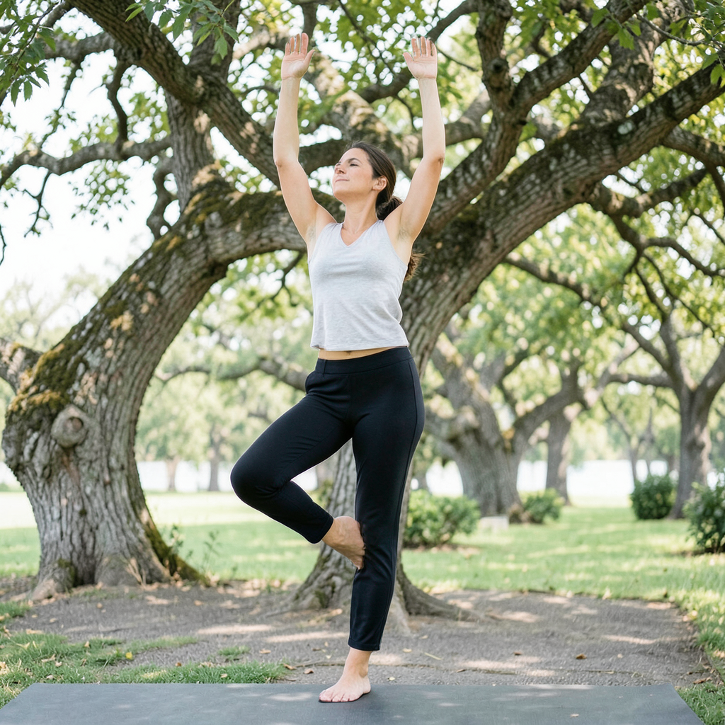 A person in a yoga tree pose — standing on one leg with the 