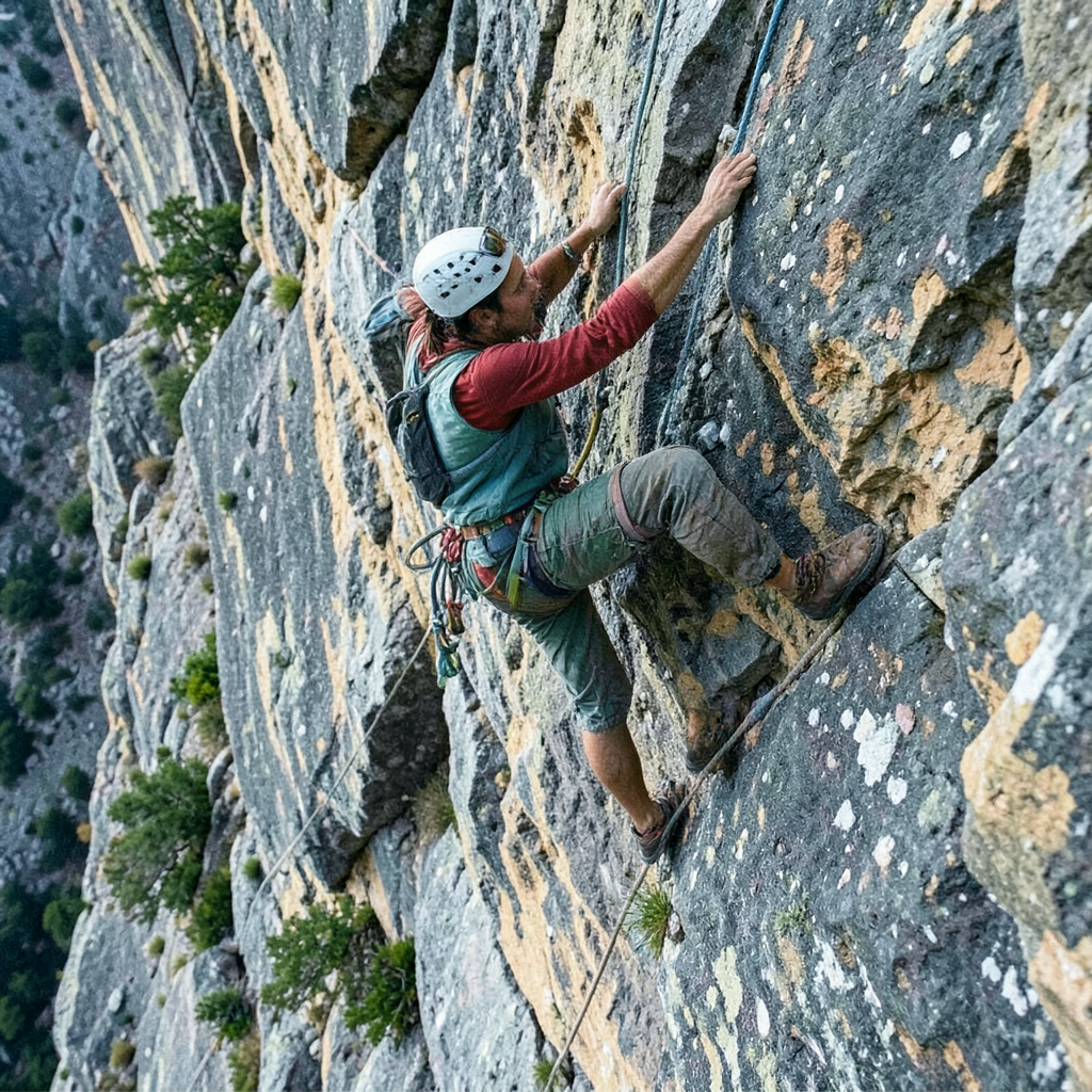 A rock climber clinging to a cliff face with arms and legs e
