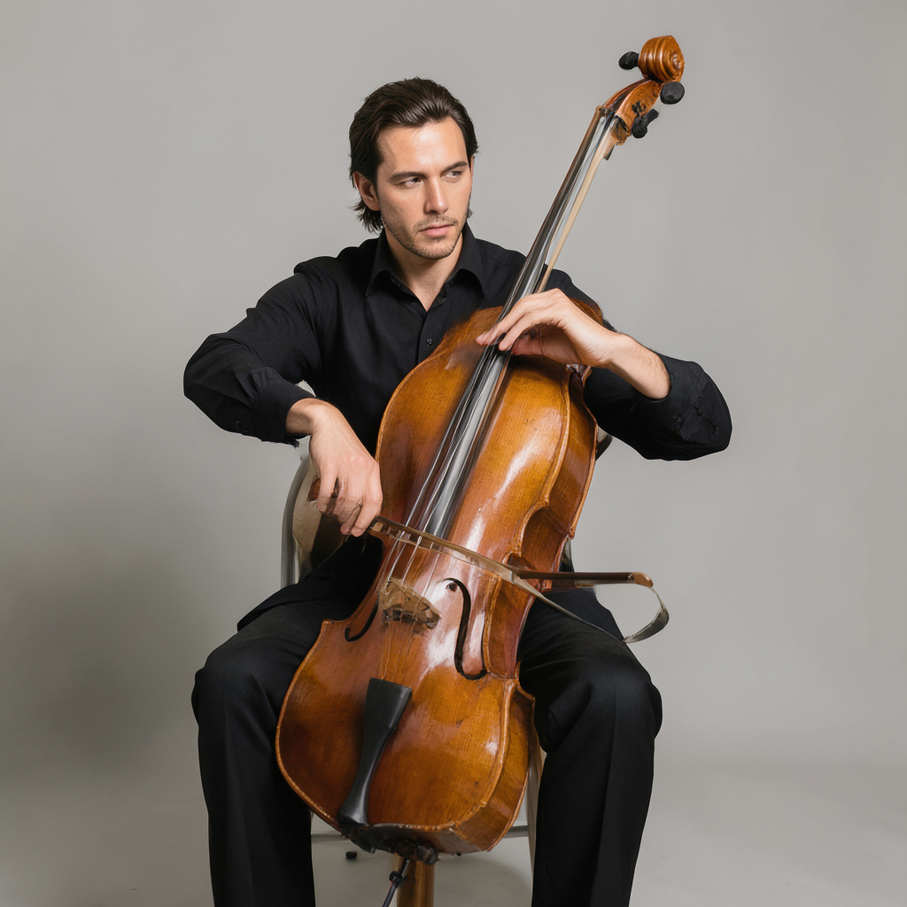 A cellist seated with correct posture, legs around the instr