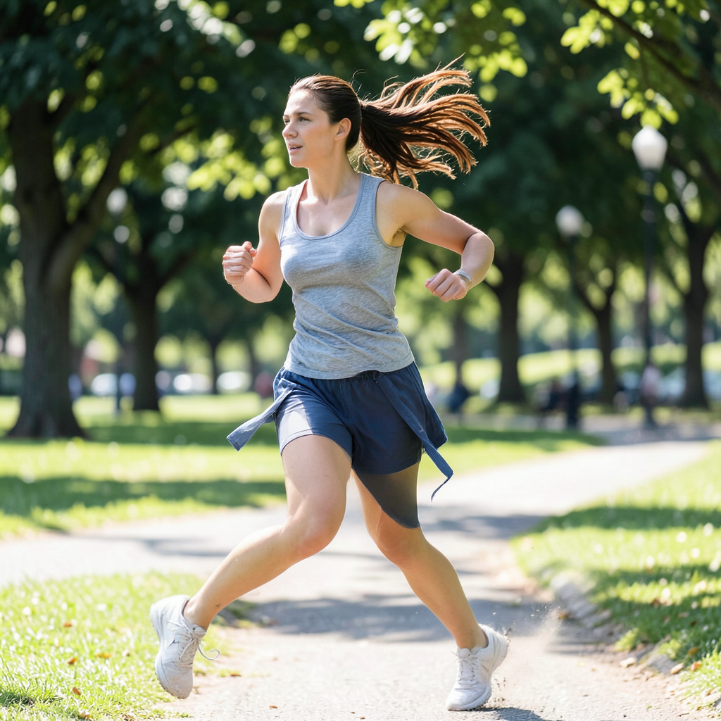 A woman mid-stride running through a park, hair and clothes 