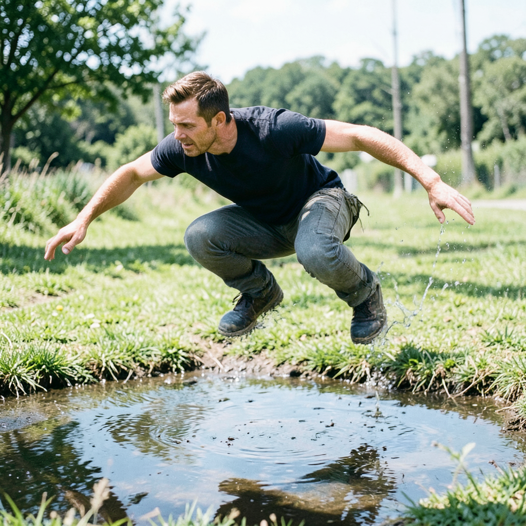 A man captured mid-jump over a puddle, body in the air with 