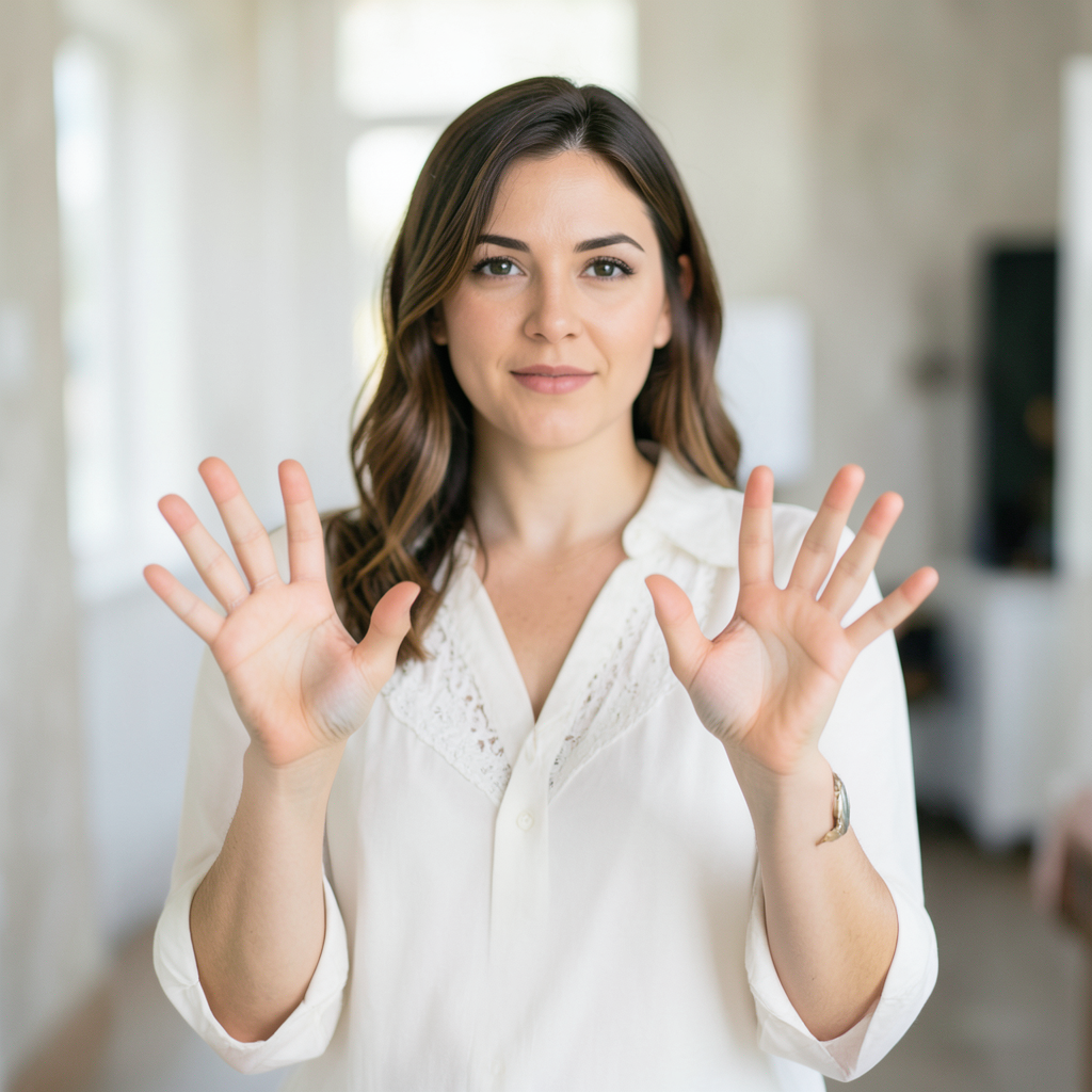 A woman holding her hands out in front of her palms-up, all 