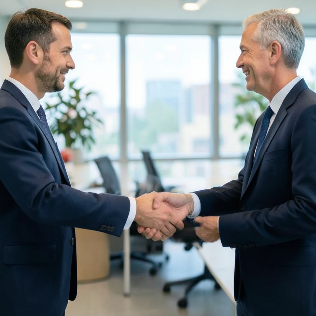 Two people shaking hands in a professional setting, all fing