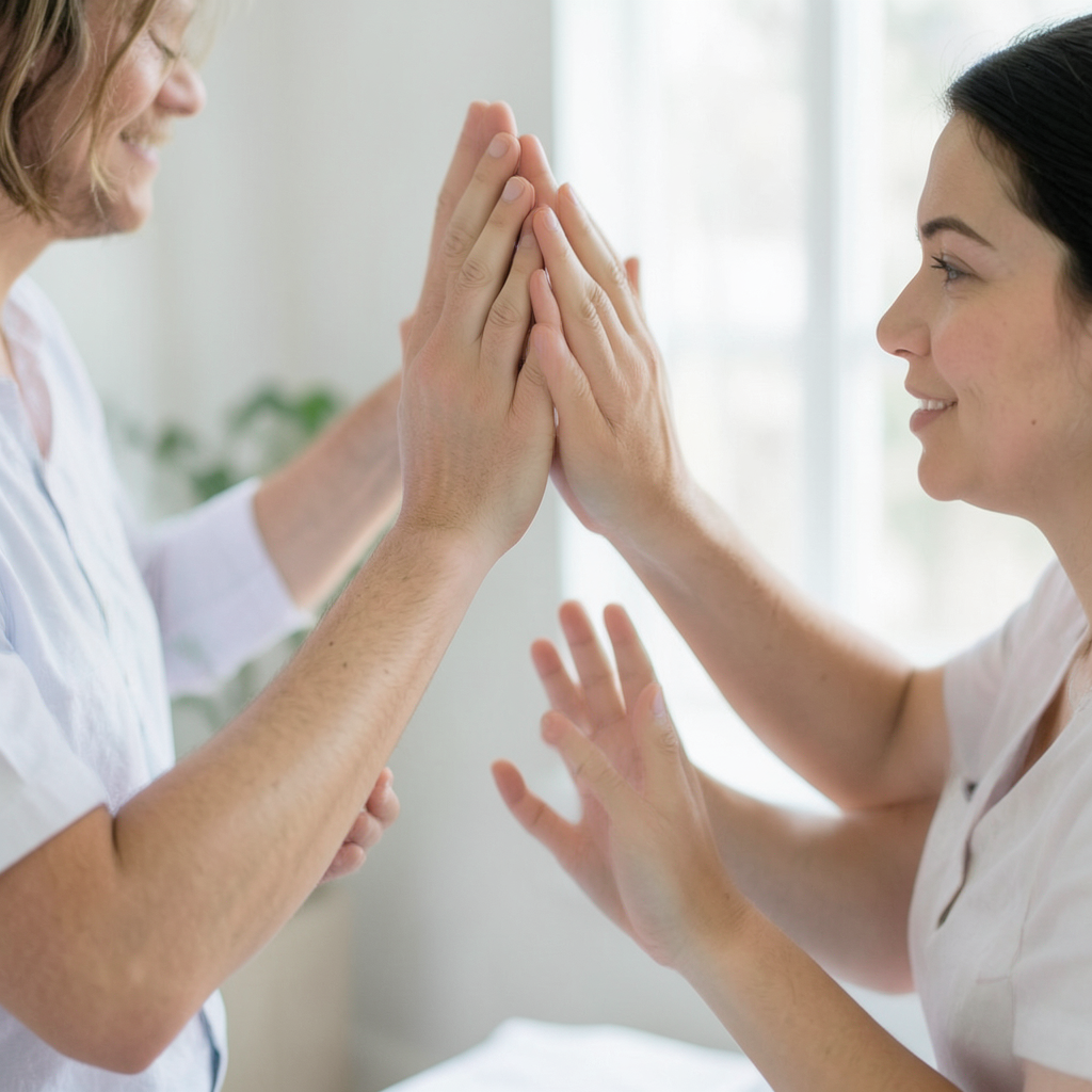 Two people doing a high-five, palms meeting with all fingers