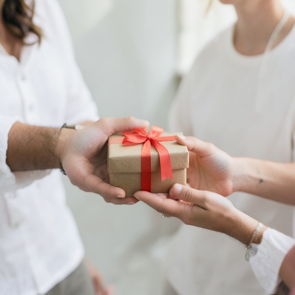 One person handing a small gift box to another person, both 