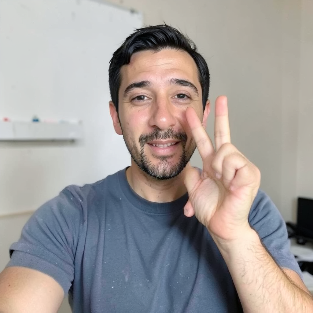 A person making a peace sign with their right hand, clearly 