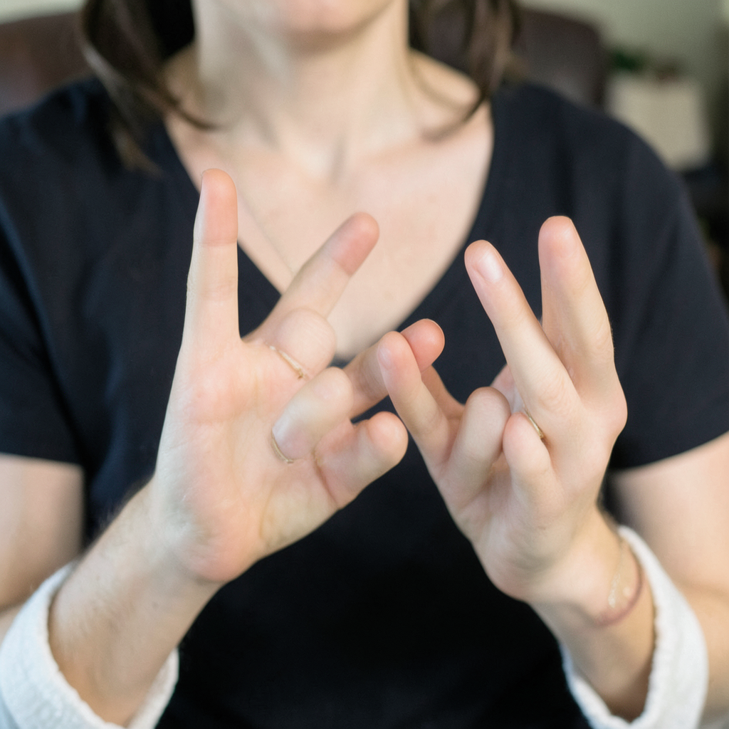 A person counting to three on their fingers, with index, mid
