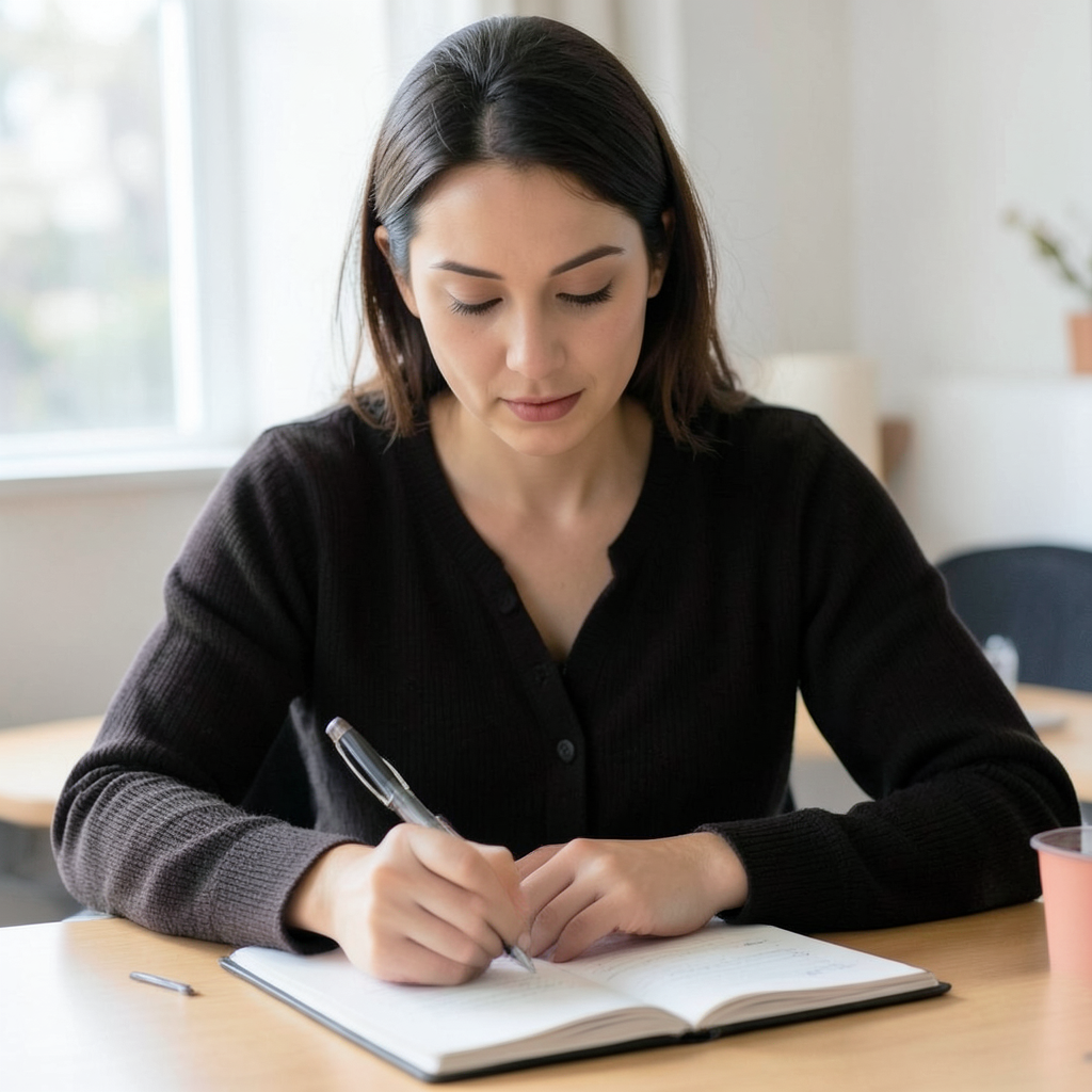 A woman writing in a notebook with a pen gripped correctly i