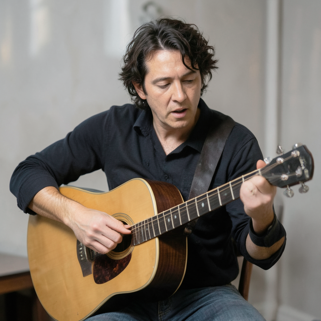 A person playing an acoustic guitar with left hand on the fr