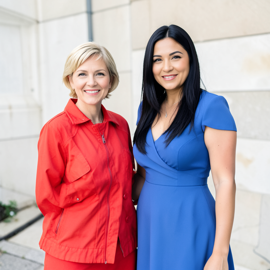 Two women standing side by side: one with short blonde hair 