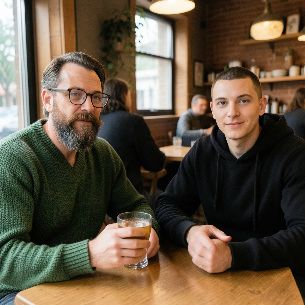 Two men at a cafe: one with a beard and glasses wearing a gr
