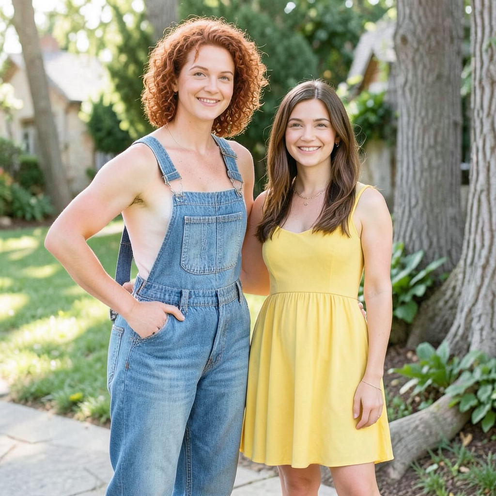 Two friends posing: one tall with curly red hair in denim ov