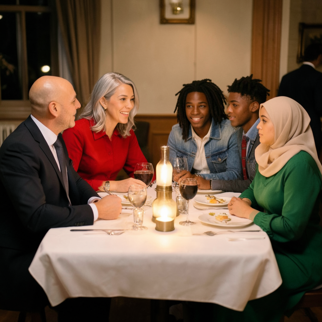 Four people at a dinner table: a bald man in a suit, a woman