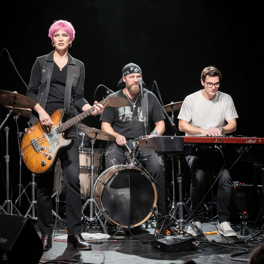 Three musicians on stage: a tall woman with short pink hair 