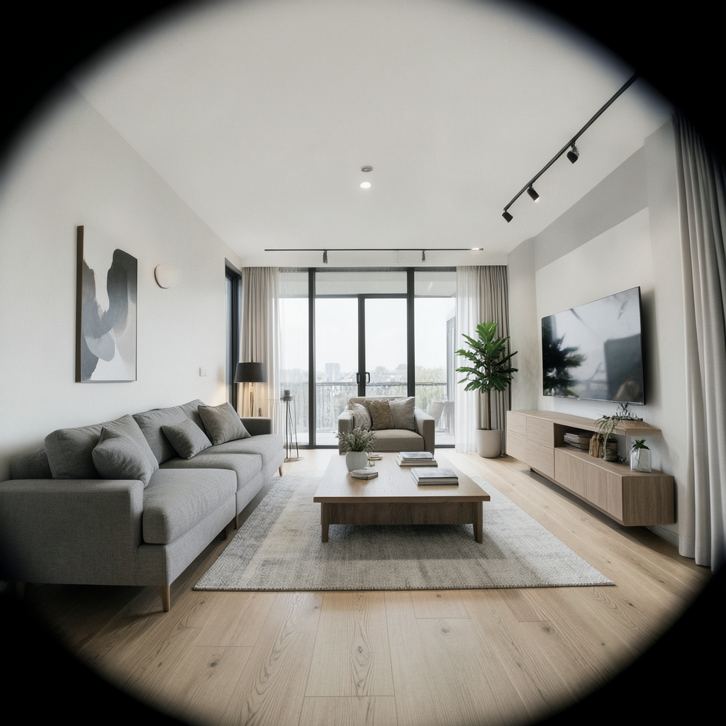 A wide-angle shot of a modern living room interior showing e