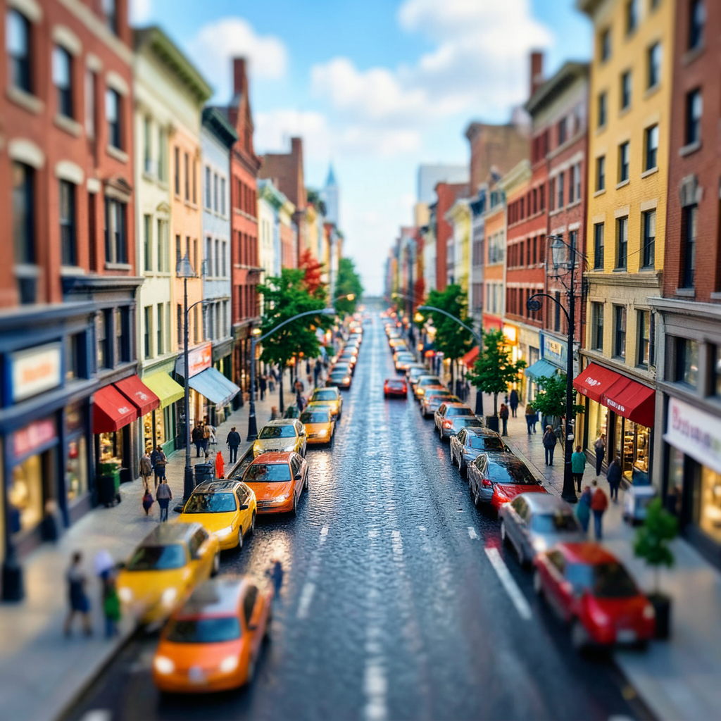 A tilt-shift photograph of a city street making real-life lo