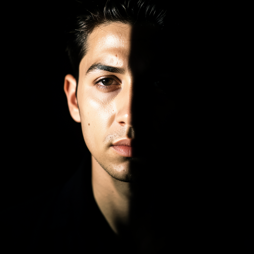 A portrait with dramatic split lighting — half the face brig