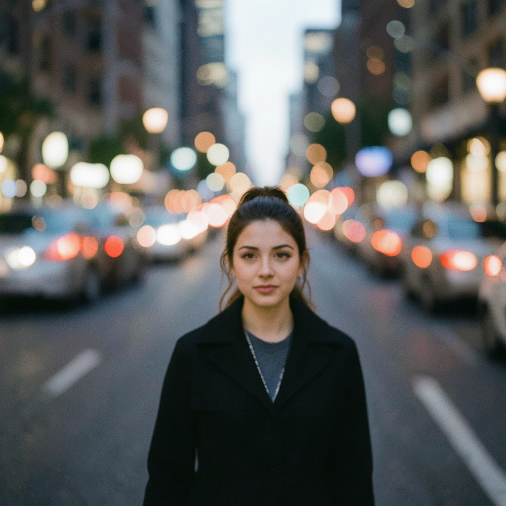 A street photograph with shallow depth of field as if shot a
