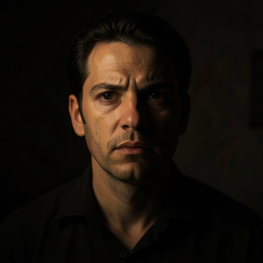 A portrait lit with classic Rembrandt lighting — triangle of
