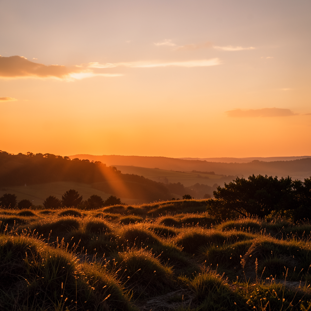 A landscape photograph bathed in golden hour light — long wa