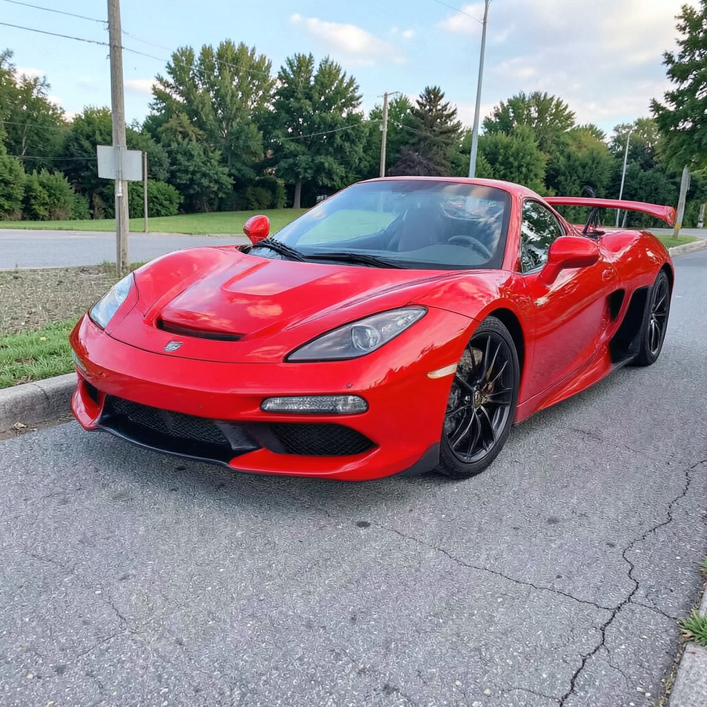 A bright red sports car parked on a gray asphalt road — the 