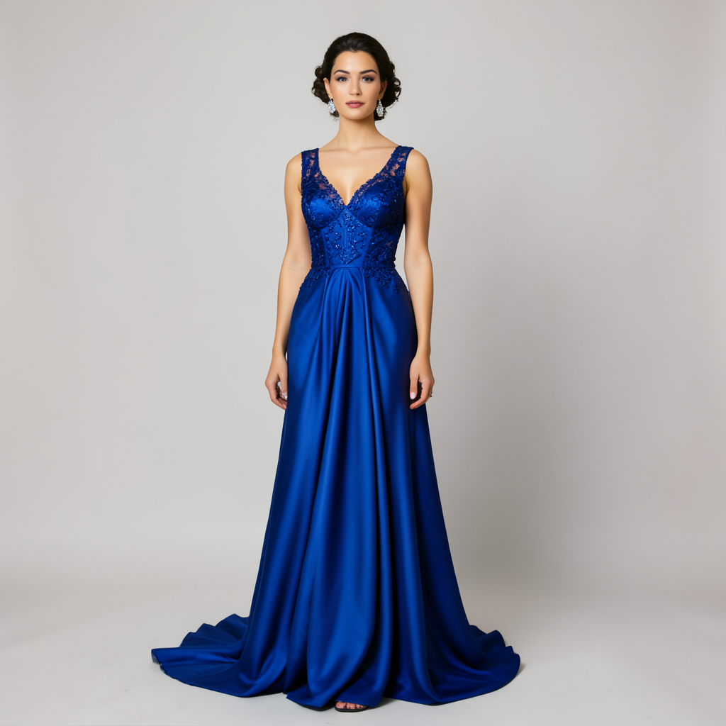 A woman wearing a royal blue evening dress against a neutral