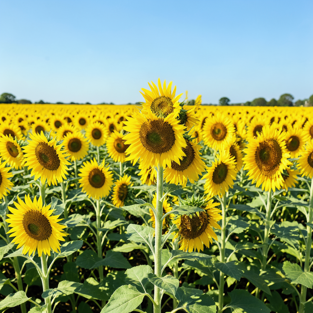 A field of pure sunflower yellow flowers under a clear blue 