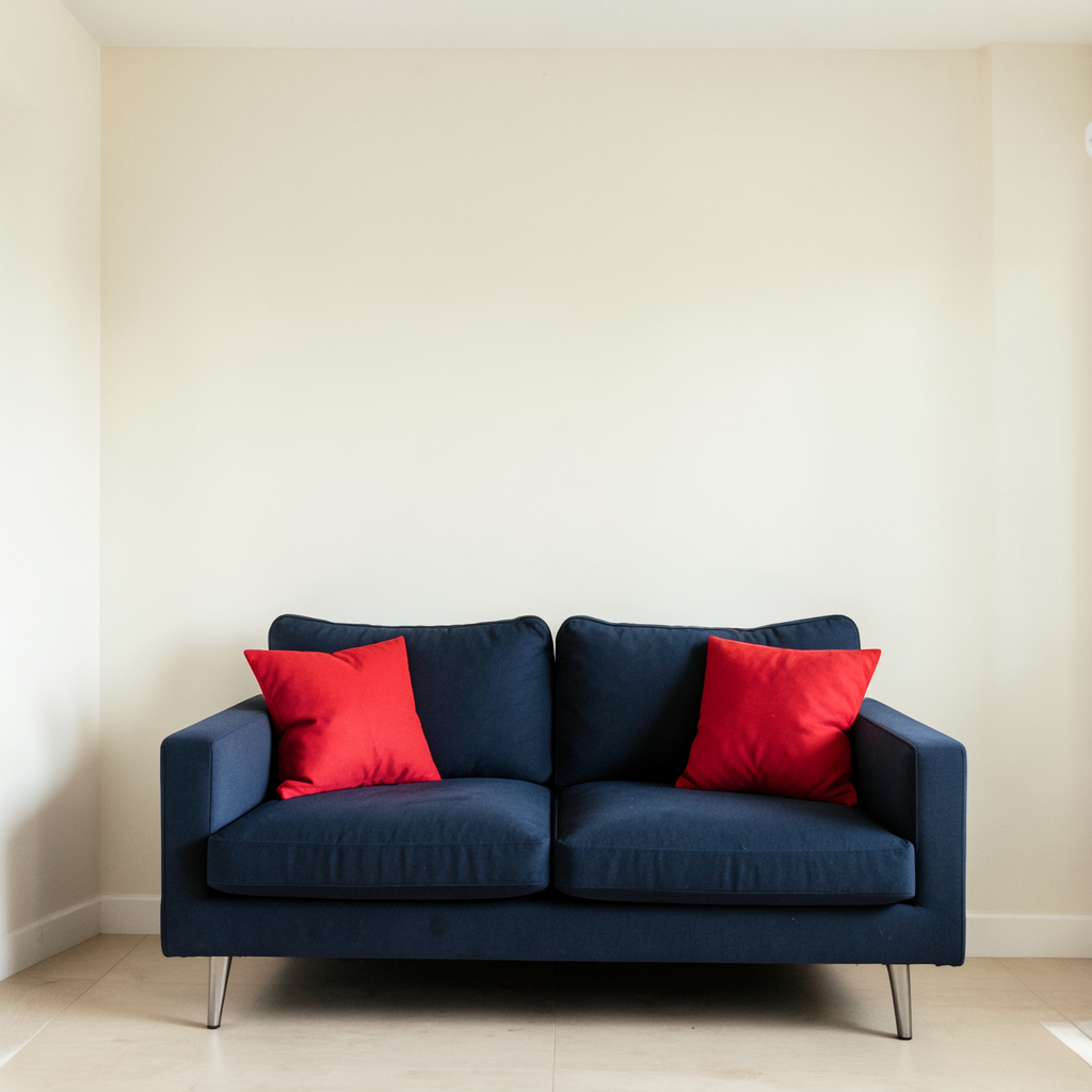 A minimalist room with walls in #F5E6CC (warm cream), a sofa