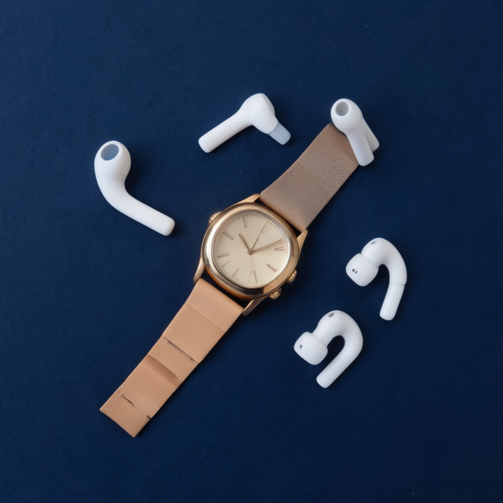 A product flat-lay on a #1A1A2E (deep dark blue) background,