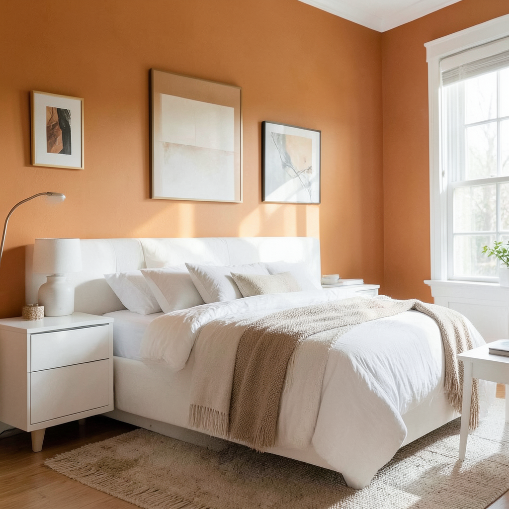 A bedroom wall painted in #FF6B35 (burnt orange) with white 
