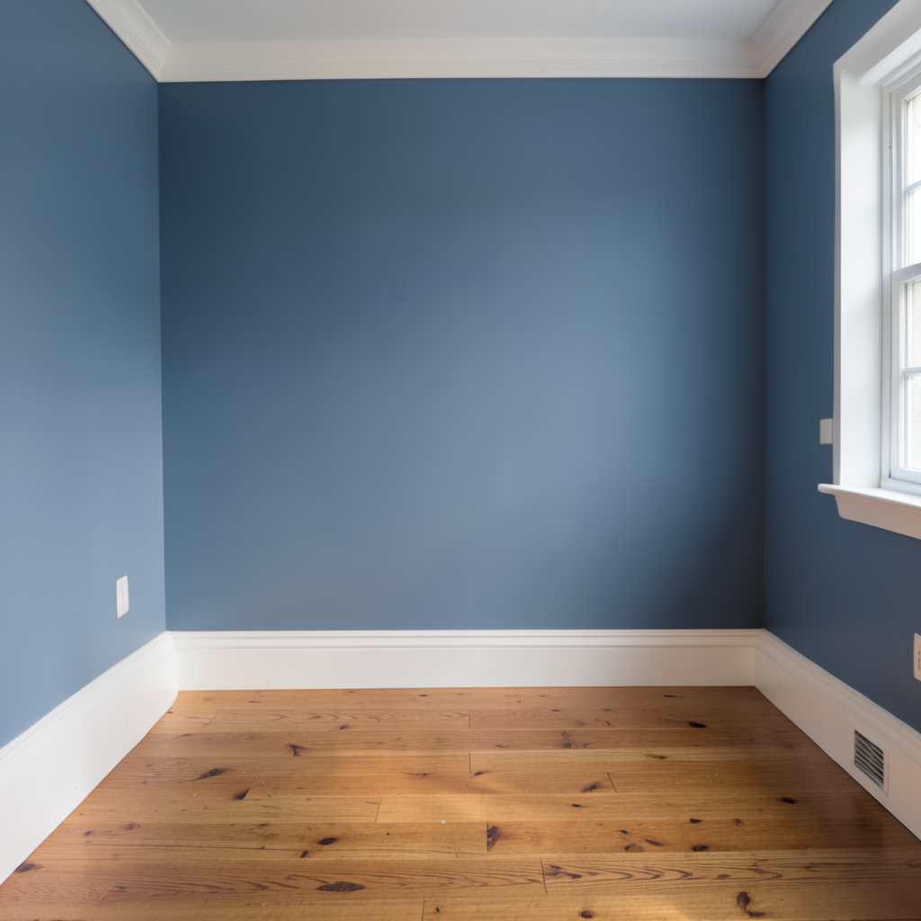 A room with walls in #4A90D9 (medium blue) with warm wooden 