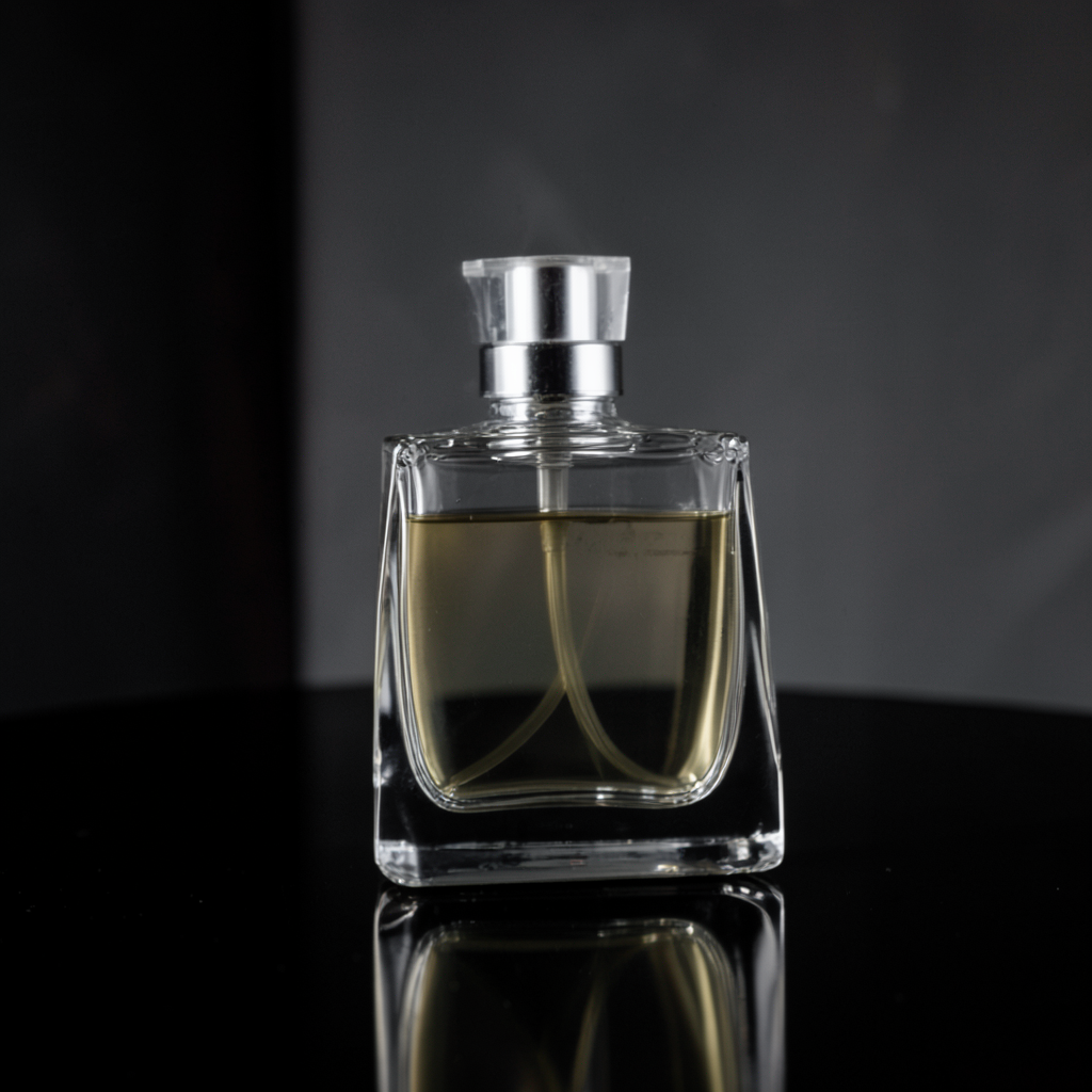 A clear glass perfume bottle on a reflective black surface w