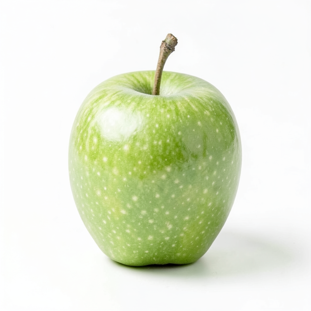 A ripe green apple on a seamless white background with soft 