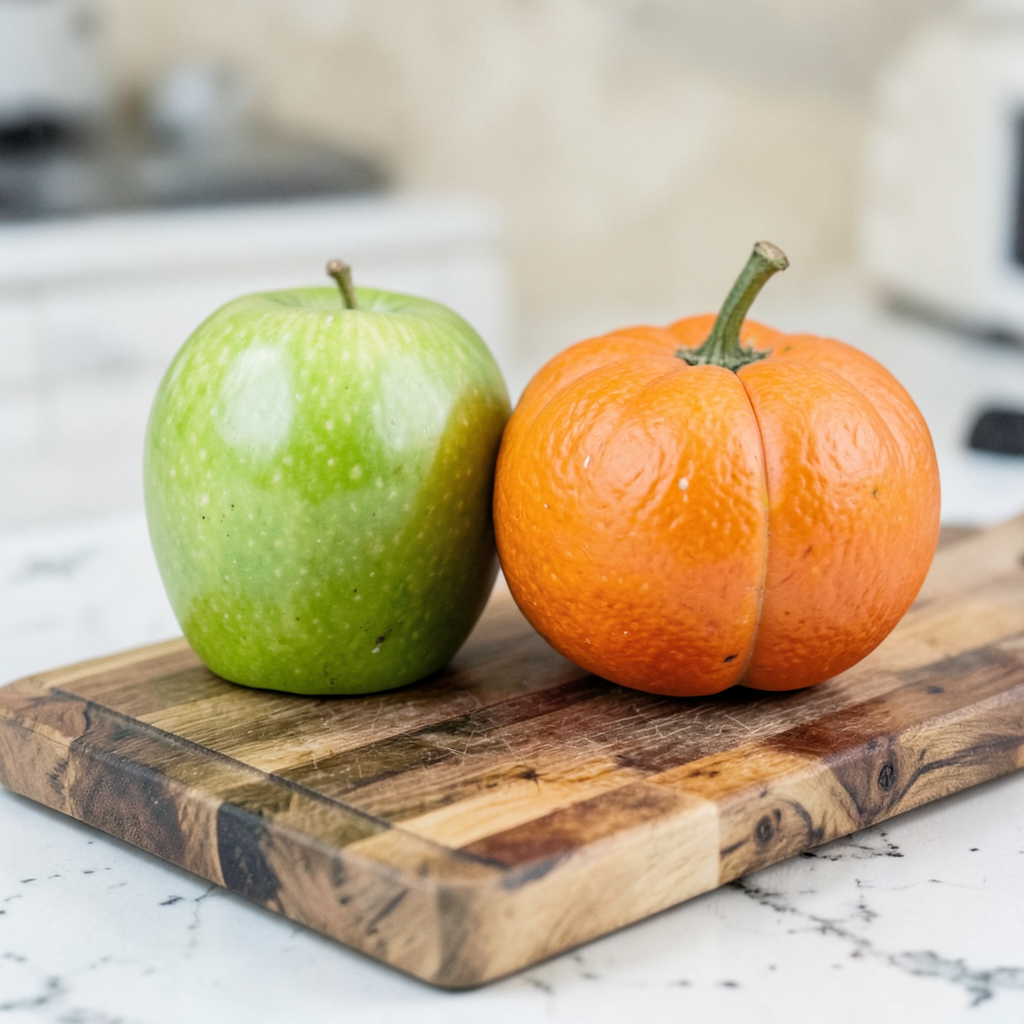 A green apple and an orange pumpkin on a wooden cutting boar