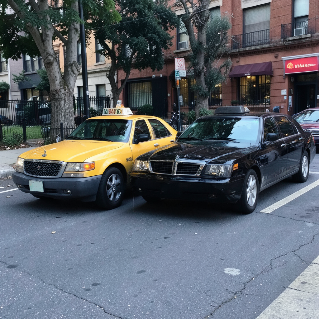 A yellow taxi and a black limousine parked next to each othe