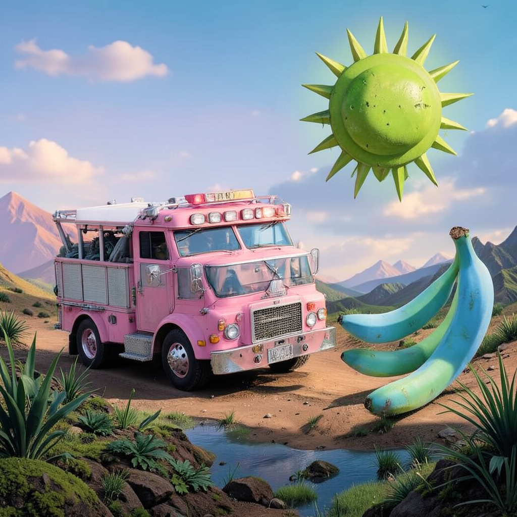 A pink fire truck, a blue banana, and a green sun in a surre