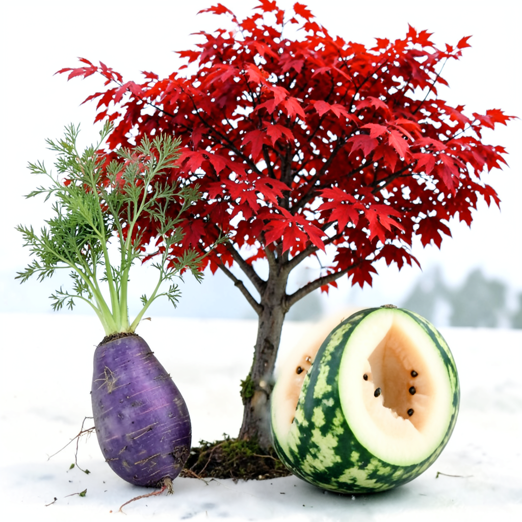 A purple carrot, a red tree with red leaves, and a white wat
