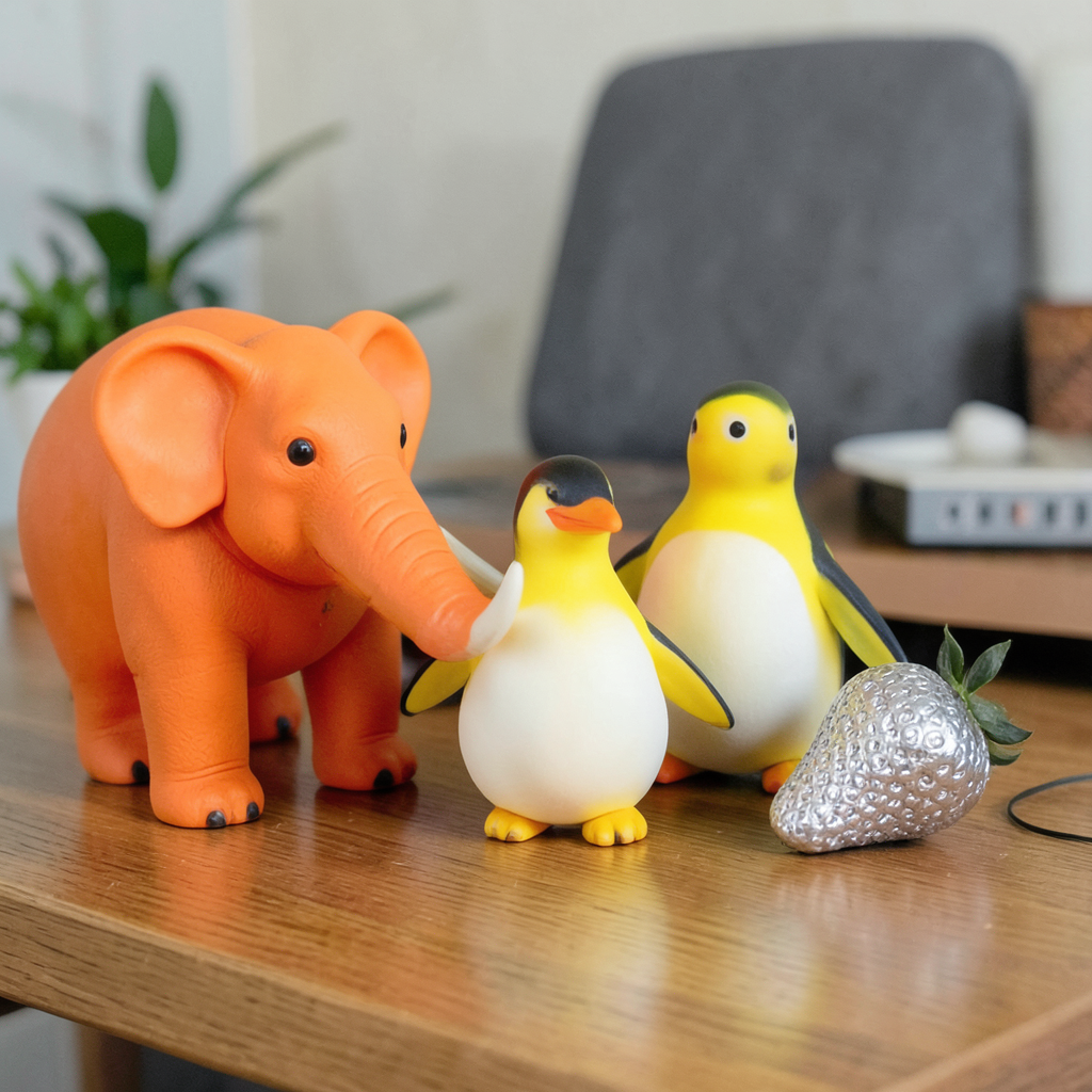 An orange elephant, a yellow penguin, and a silver strawberr